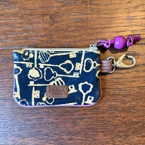 Fossil Keyper Vintage Navy Blue Key Print Zip Coin Purse Mini Wallet Pouch